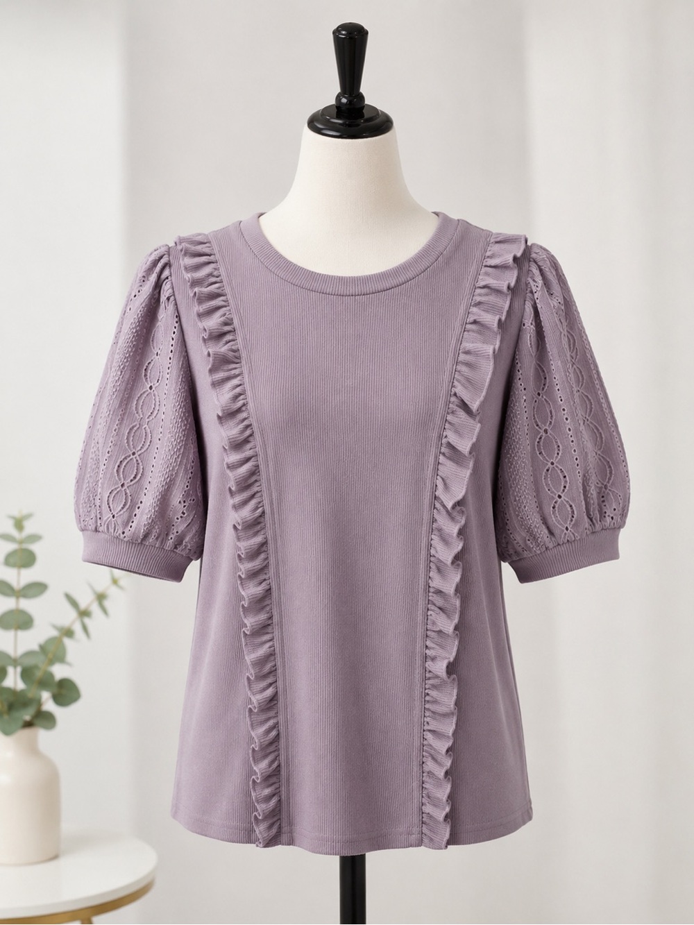 Lavender Ruffle Knit Puff-Sleeve Tee